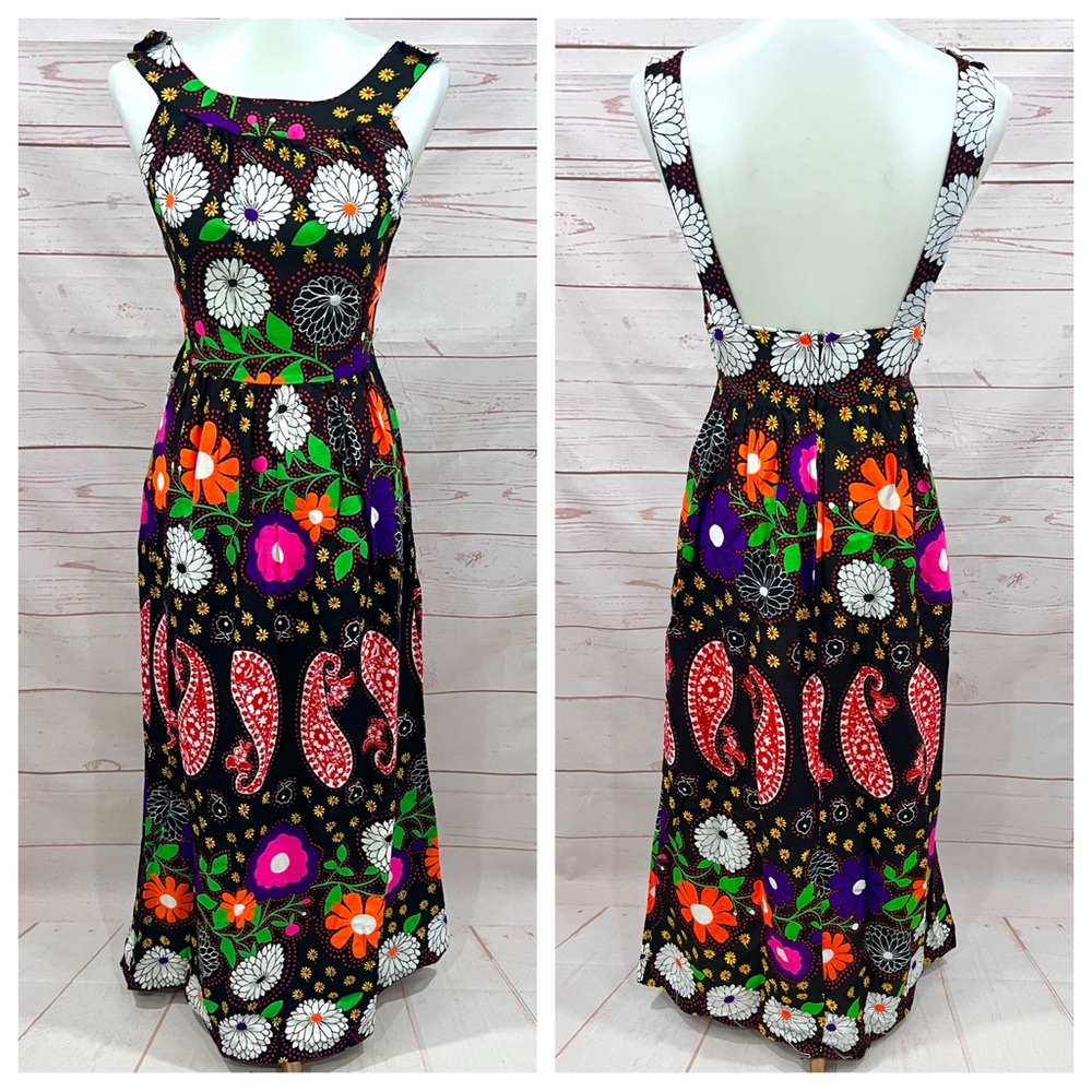 Vintage Bright Retro Neon 60’s Mod Floral Paisley Overall Backless Maxi Dress - Picture 2 of 12